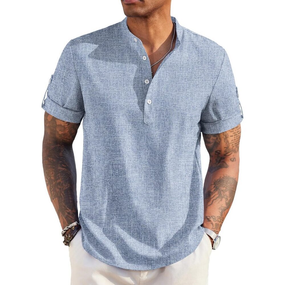 Men's Casual Henley Shirt Short Sleeve Band Collar Linen Shirt Summer Beach Hipp
